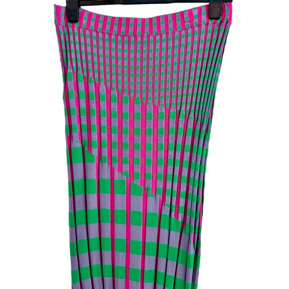 DVF Rosa Ribbed Stretch Knit Fitted Midi Skirt in Pink and Green Gingham Size XL - Picture 5 of 8